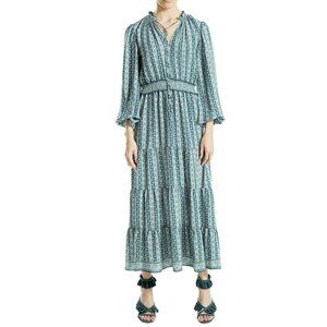 Max Studio Tiered Smocked Waist Boho Maxi Dress Green Small NWOT